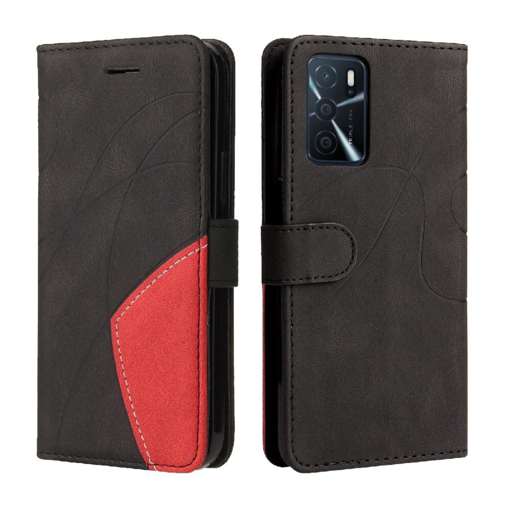 (Black) Case For Oppo A16 4G With Card Slot Stand Kickstand Protective Two-Color Stitching Pu Leather Flip Folio Case Black 764762572266