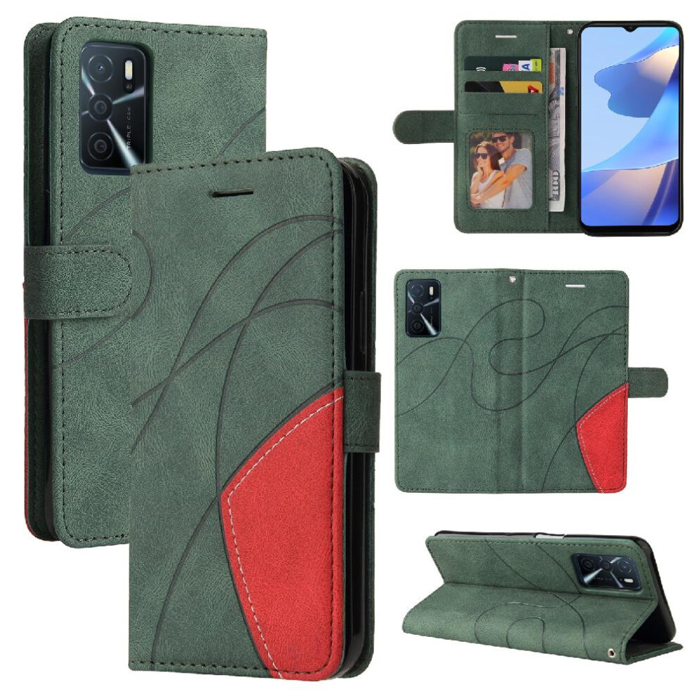 (Green) Case For Oppo A16 4G With Card Slot Stand Kickstand Protective Two-Color Stitching Pu Leather Flip Folio Case Green 764762572259