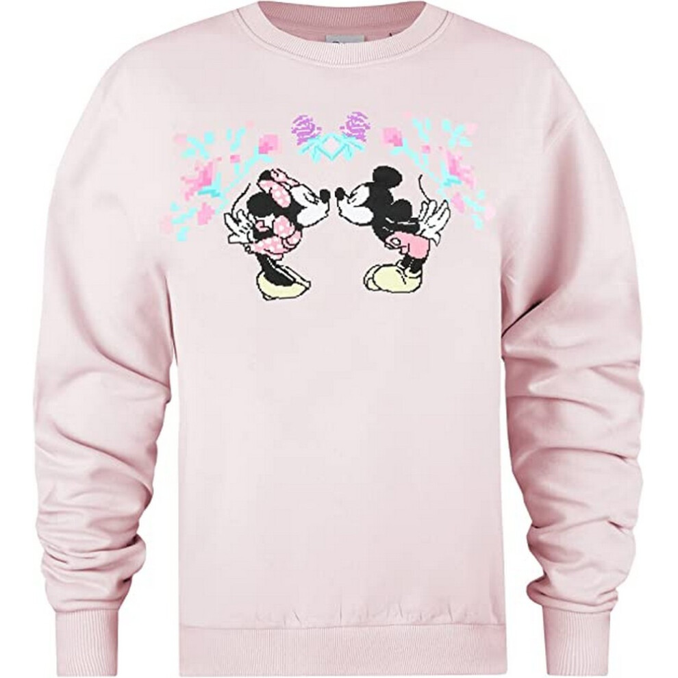 (L, Pale Pink) Disney Womens/Ladies Mickey & Minnie Mouse Cross Stitch Sweatshirt