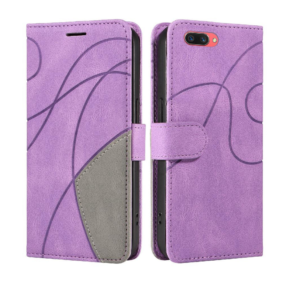 (Purple) Case For Oppo A5/A3s Kickstand Protective Two-Color Stitching Pu Leather Flip Folio Case With Card Slot Stand Purple 764762572891