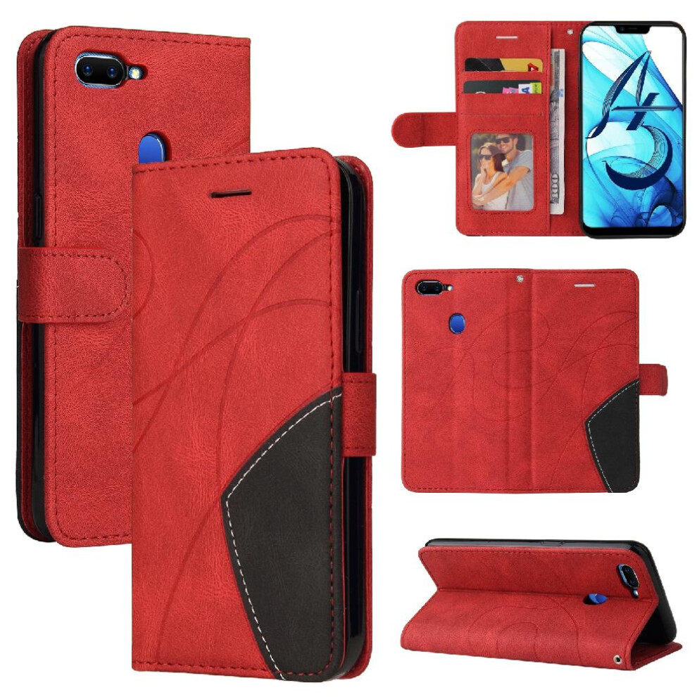 (Red) Case For Oppo A5/A3s Kickstand Protective Two-Color Stitching Pu Leather Flip Folio Case With Card Slot Stand Red 764762572921
