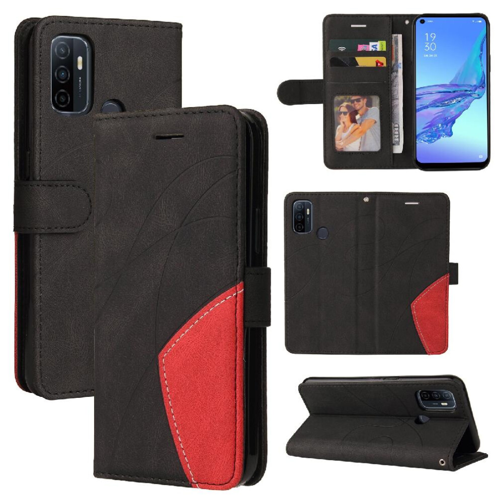(Black) Case For Oppo A53 2020/A32 Pu Leather Flip Folio Case With Card Slot Stand Two-Color Stitching Kickstand Protective Black 764762573683
