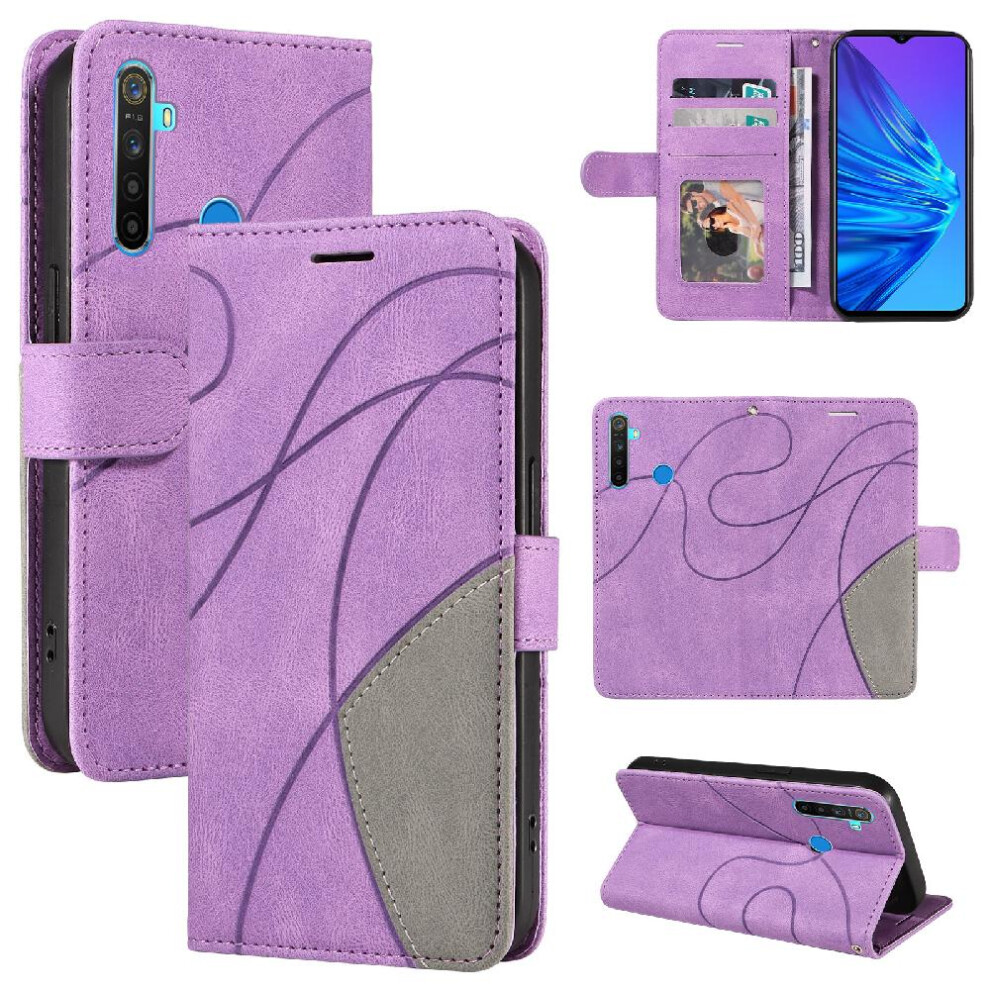 Photos - Case   For Realme 5 With Card Slot Stand Kickstand Protective Two-color Stitching PU Leather Flip Folio (Purple)