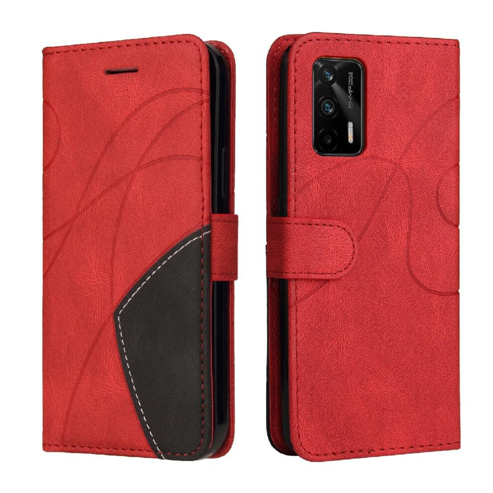 (Red) Case For Realme Gt 5G With Card Slot Stand Two-Color Stitching Kickstand Protective Pu Leather Flip Folio Case Red 764762575021