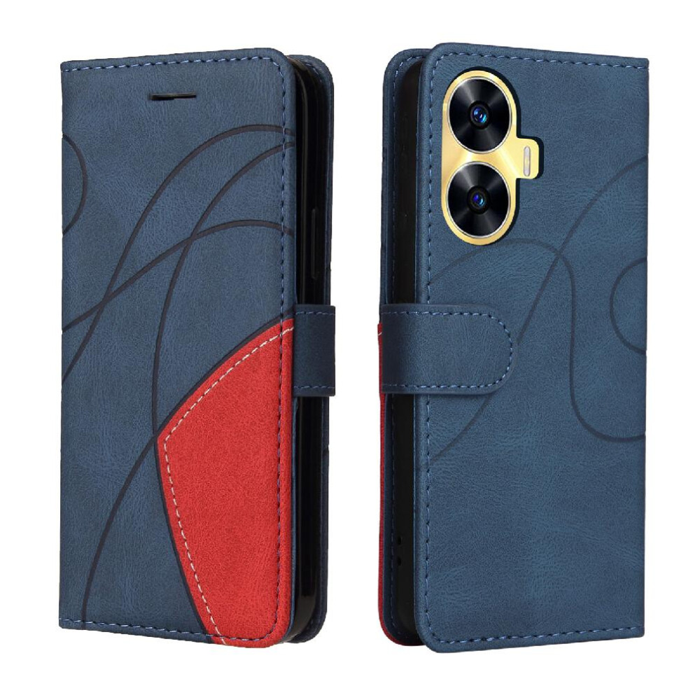 (Blue) Case For Realme C55 4G Pu Leather Flip Folio Case Kickstand Protective Two-Color Stitching With Card Slot Stand Blue 764762575205