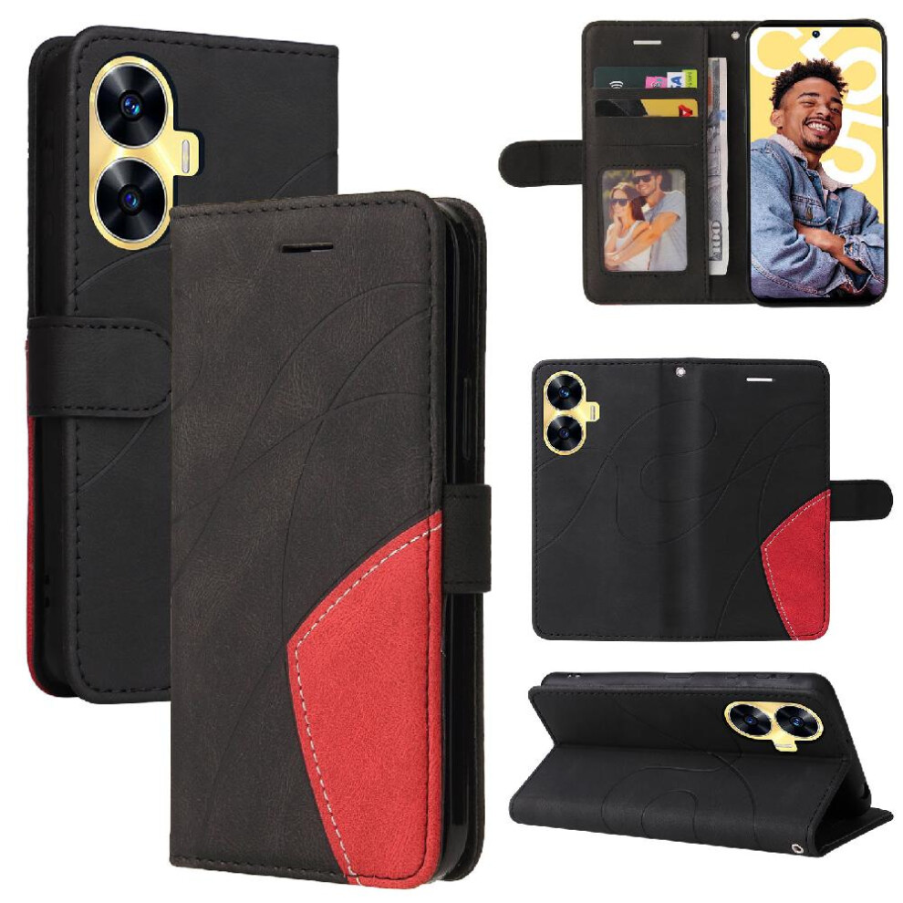 (Black) Case For Realme C55 4G Pu Leather Flip Folio Case Kickstand Protective Two-Color Stitching With Card Slot Stand Black 764762575182