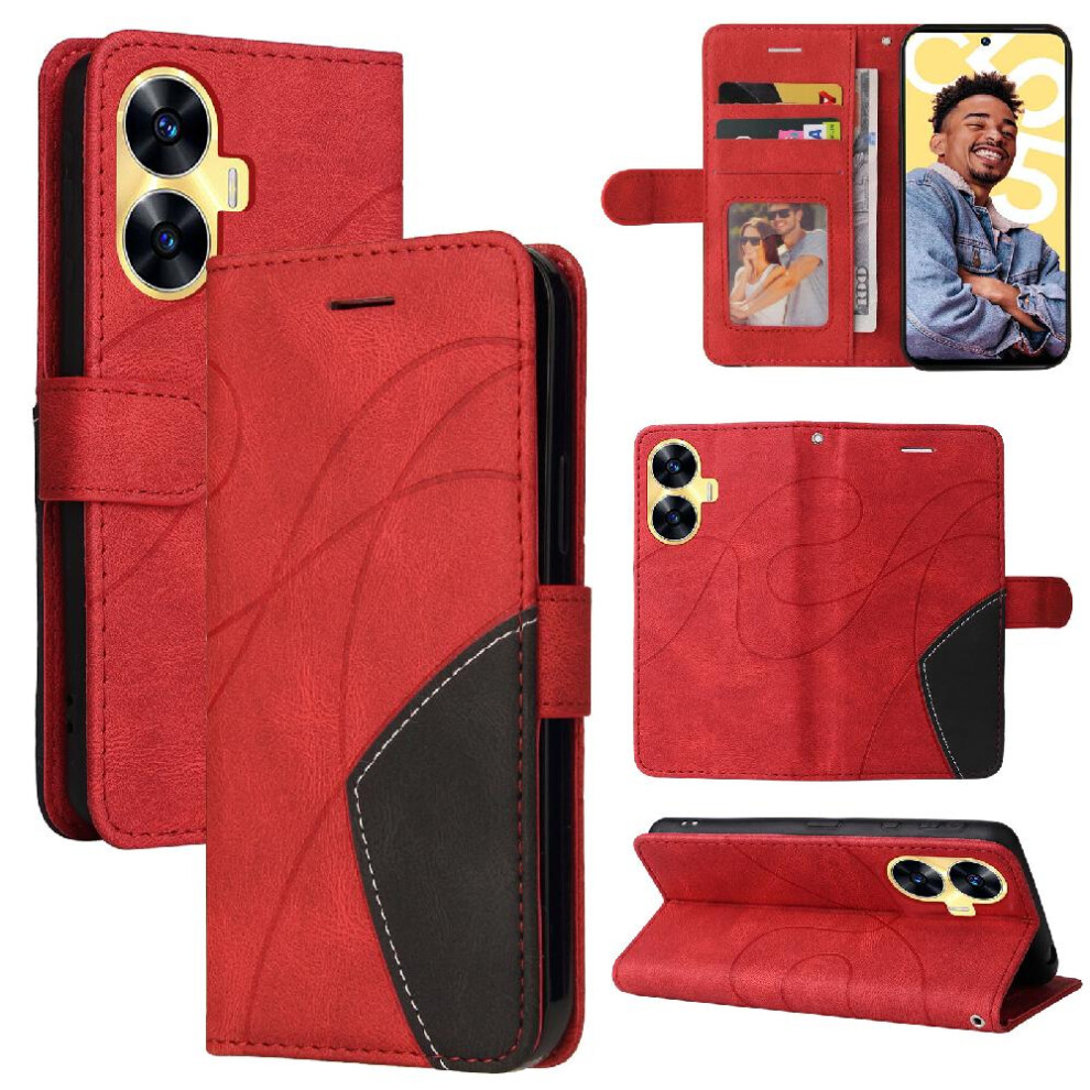 (Red) Case For Realme C55 4G Pu Leather Flip Folio Case Kickstand Protective Two-Color Stitching With Card Slot Stand Red 764762575199