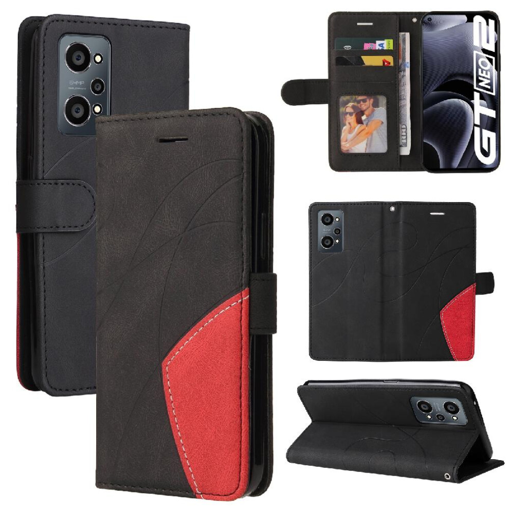 (Black) Case For Realme Gt Neo 2 Pu Leather Flip Folio Case With Card Slot Stand Two-Color Stitching Kickstand Protective Black 764762575724