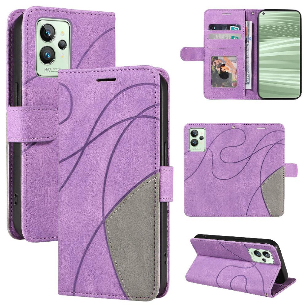(Purple) Case For Realme Gt2 Pro With Card Slot Stand Kickstand Protective Two-Color Stitching Pu Leather Flip Folio Case Purple 764762575656