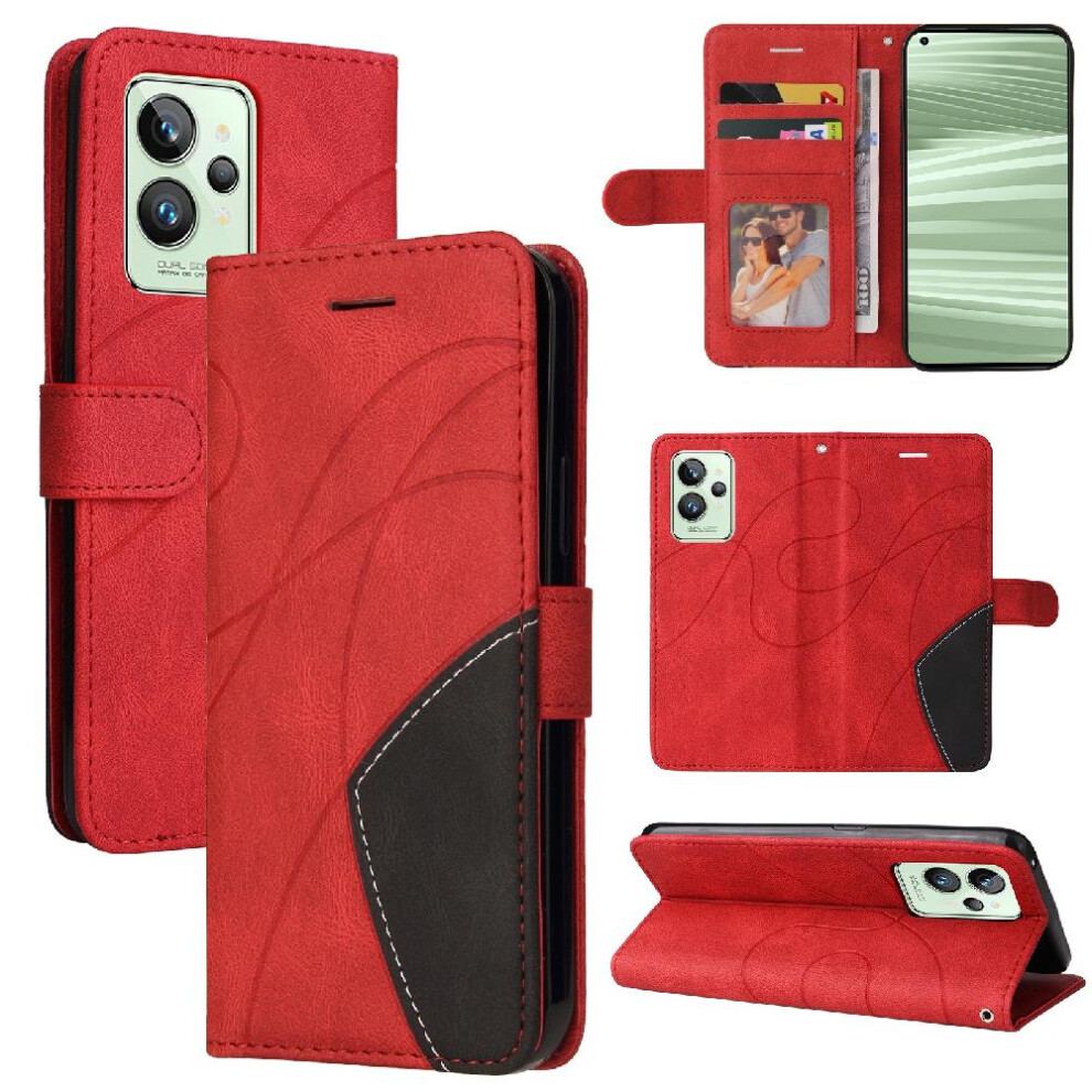 (Red) Case For Realme Gt2 Pro With Card Slot Stand Kickstand Protective Two-Color Stitching Pu Leather Flip Folio Case Red 764762575687