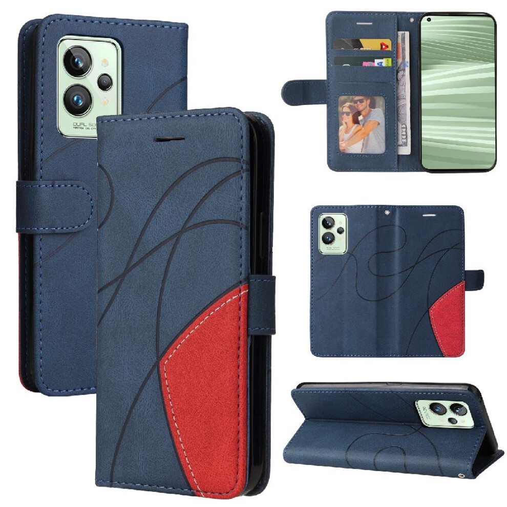 (Blue) Case For Realme Gt2 Pro With Card Slot Stand Kickstand Protective Two-Color Stitching Pu Leather Flip Folio Case Blue 764762575694