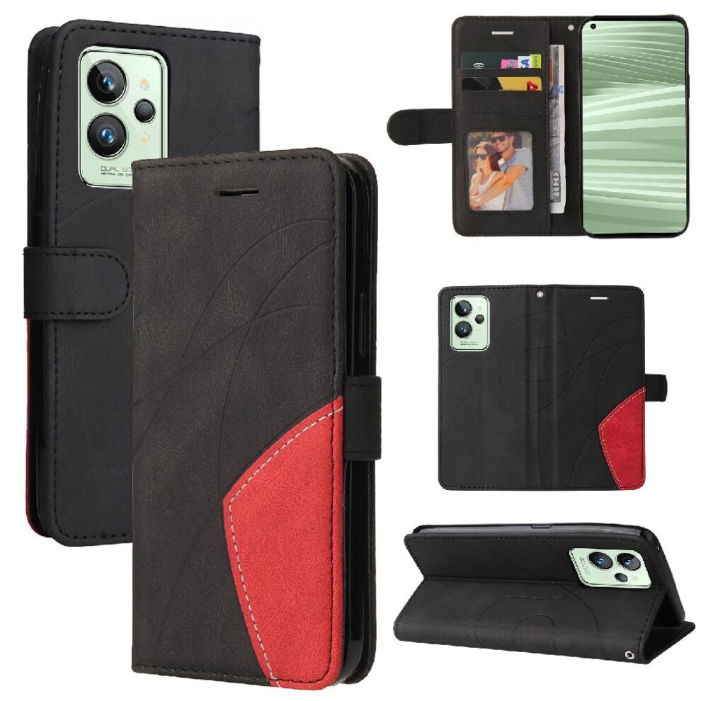 (Black) Case For Realme Gt2 Pro With Card Slot Stand Kickstand Protective Two-Color Stitching Pu Leather Flip Folio Case Black 764762575670