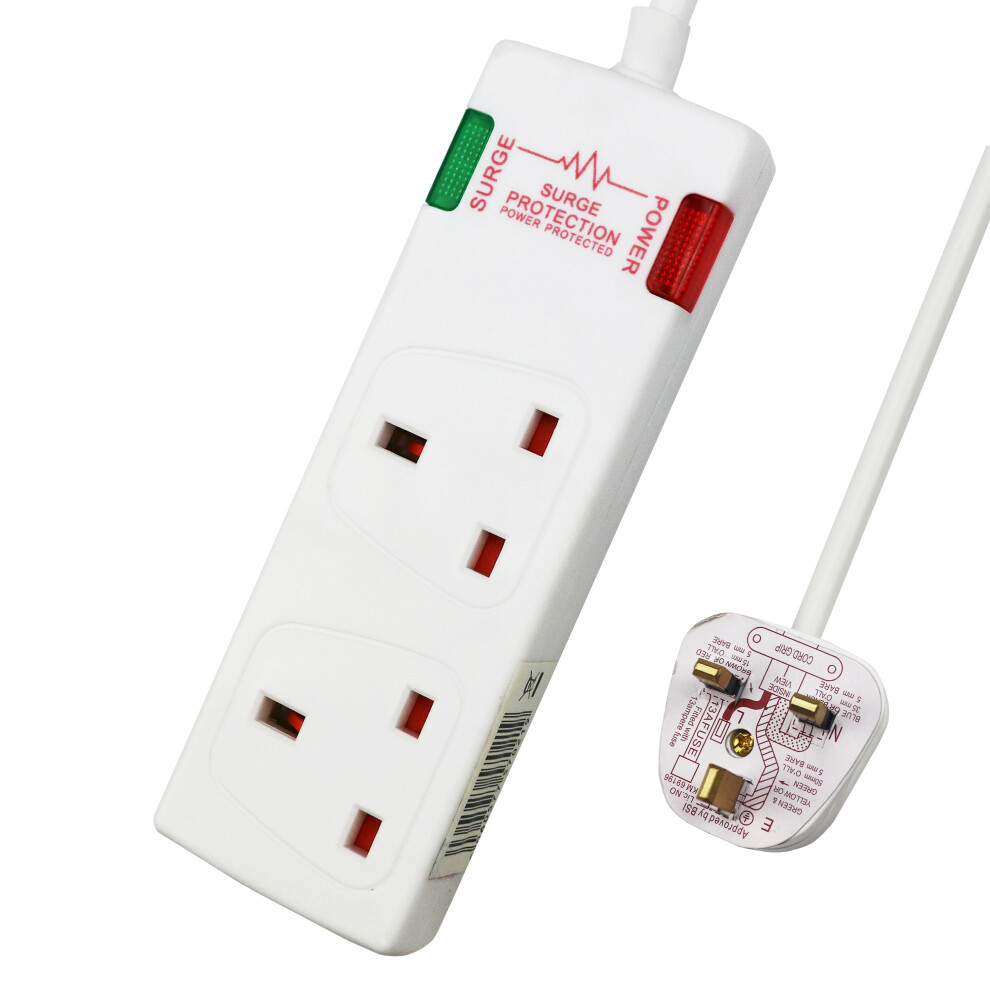 ExtraStar 2 Way Double Socket Power Mains Extension Lead 2M Metre Cable - Surge Protected British Approved 13A - White