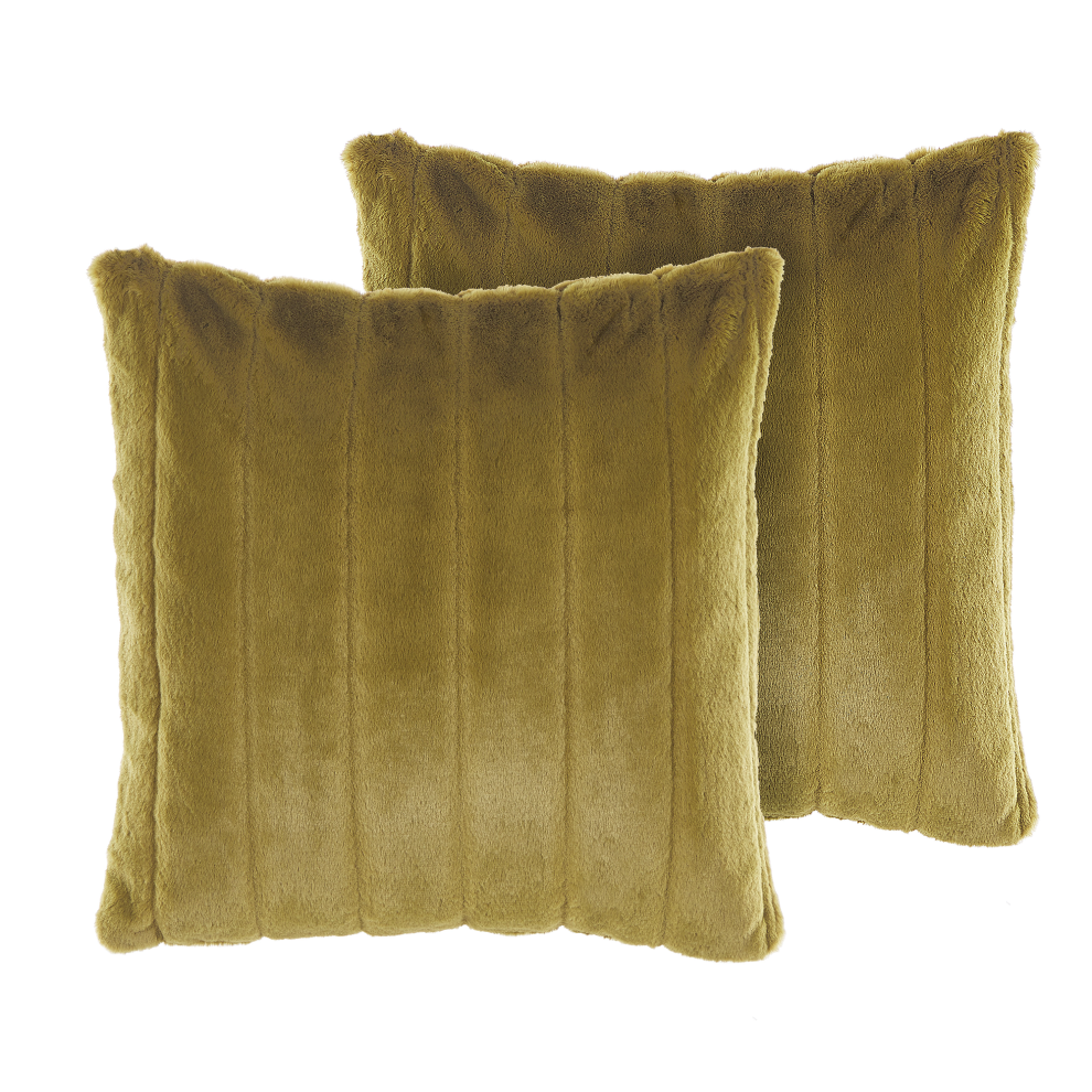 Set of 2 Decorative Cushions PUMILA Faux Fur 45 x 45 cm Olive Green Striped