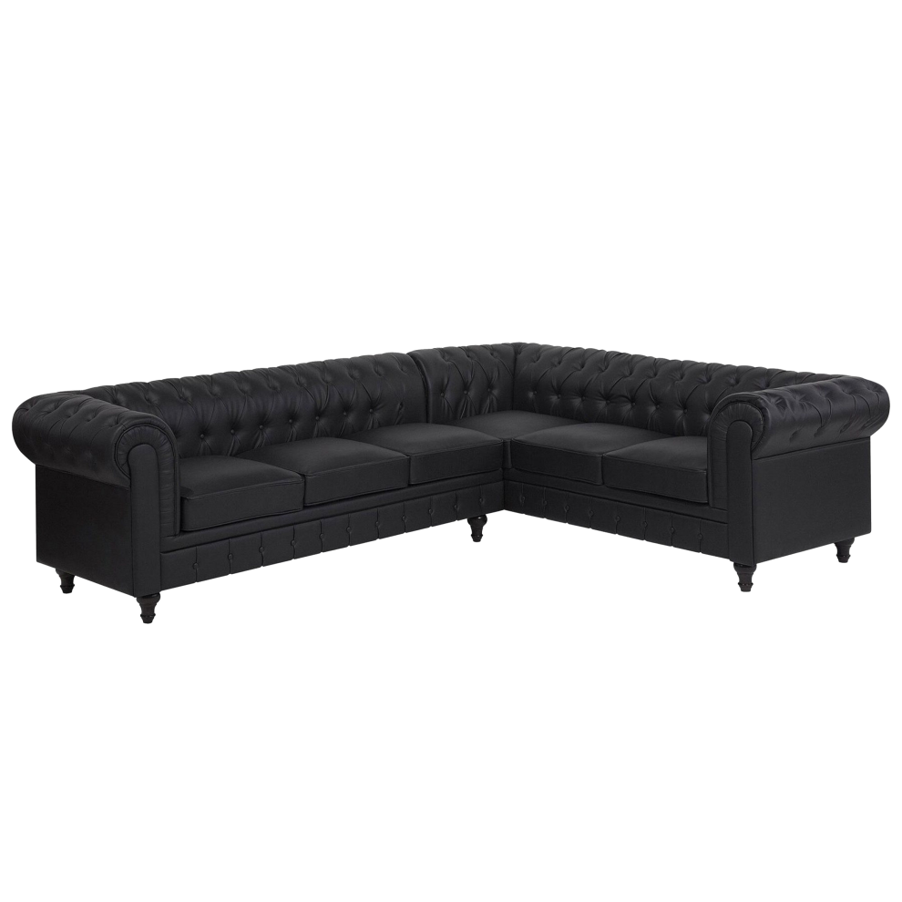 Corner Sofa CHESTERFIELD Faux Leather Black 6 Seater Left Hand