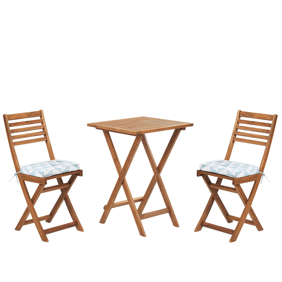 Bistro Set with Cushions Folding FIJI Wood Blue
