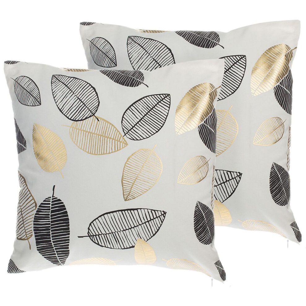 Set of 2 Decorative Cushions LOTUS Cotton 45 x 45 cm White Gold Black Plant Pattern