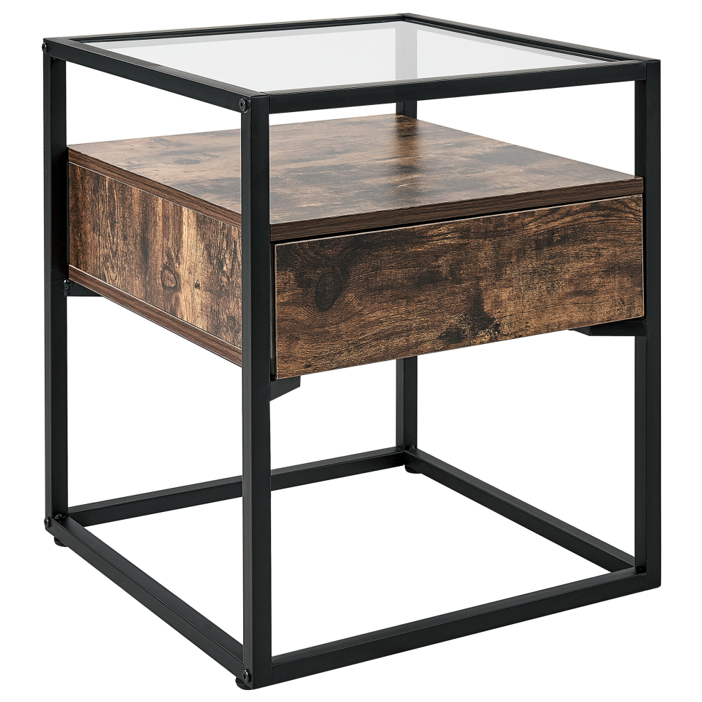 1 Drawer Glass Top Side Table Dark Wood with Black MAUK