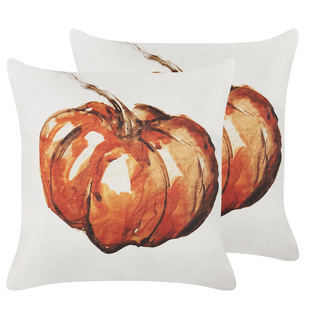Set of 2 Decorative Cushions CURBITA Velvet 45 x 45 cm Beige Plant Pattern