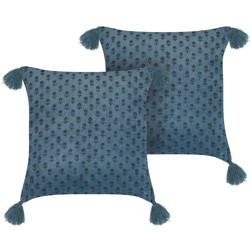 Set of 2 Decorative Cushions RIBES Velvet 45 x 45 cm Dark Blue Floral Pattern
