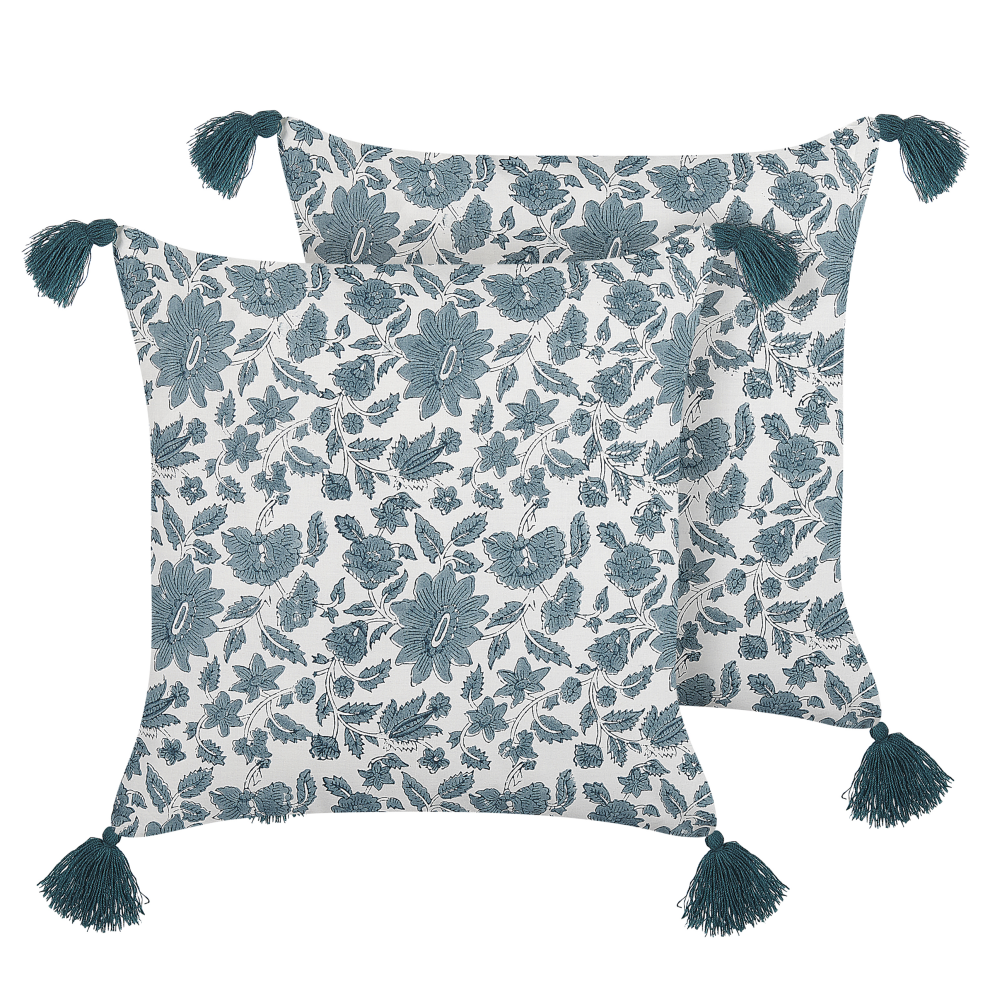 Set of 2 Decorative Cushions RUMEX Cotton 45 x 45 cm Blue Floral Pattern