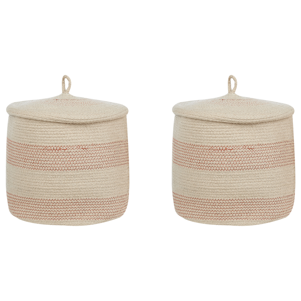 Set of 2 Cotton Baskets with Lids Light Beige SILOPI