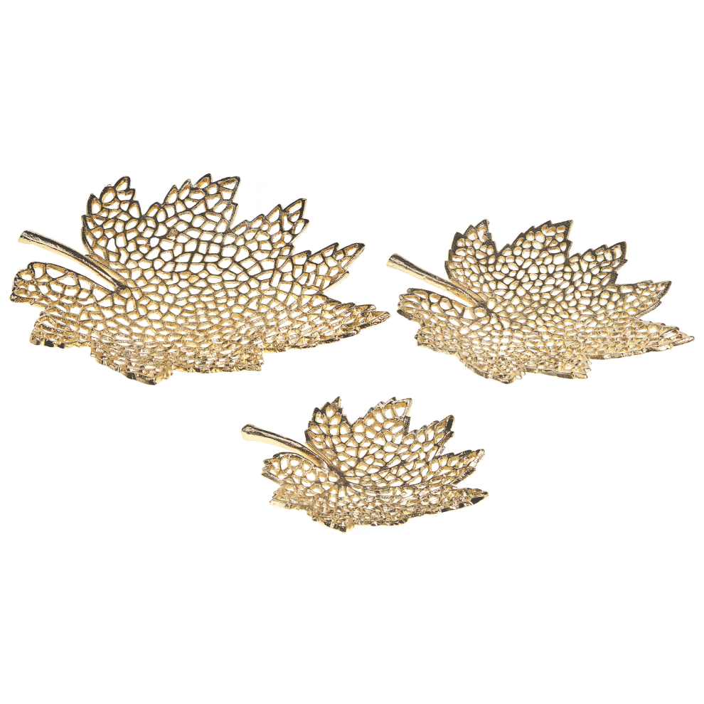 Set of 3 Trinket Dishes Leaf PEMALI Metal Gold