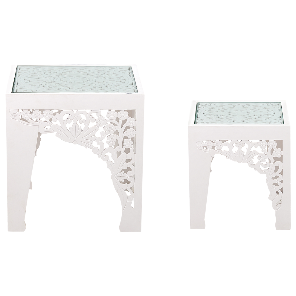 Set of 2 Glass Top Side Tables White AMADPUR