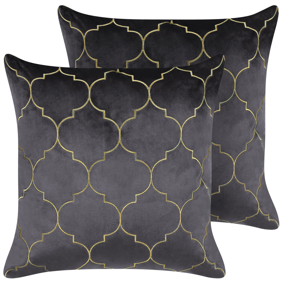 Set of 2 Decorative Cushions ALYSSUM Velvet 45 x 45 cm Grey Trellis Pattern