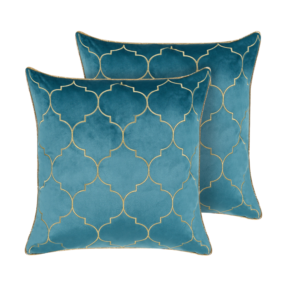 Set of 2 Decorative Cushions ALYSSUM Velvet 45 x 45 cm Blue Trellis Pattern