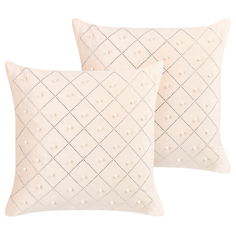 Set of 2 Decorative Cushions YARROW Velvet 45 x 45 cm Beige Geometric Pattern