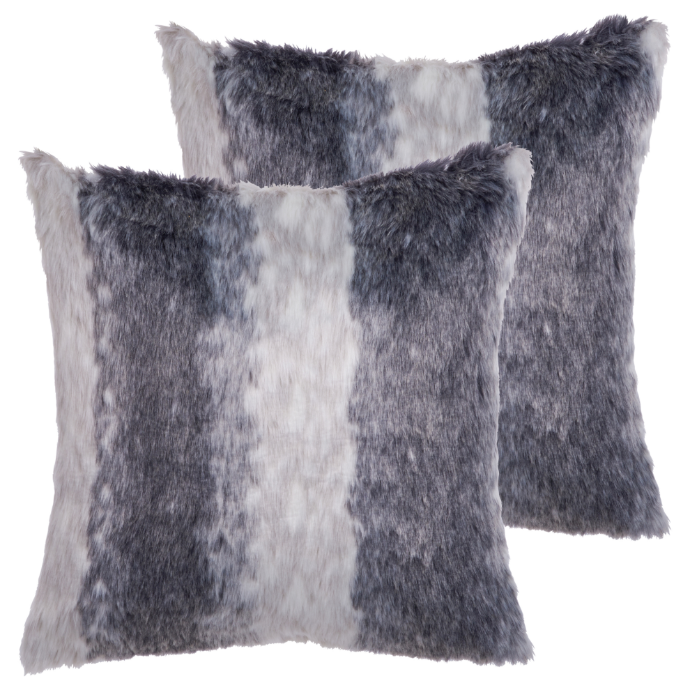 Set of 2 Decorative Cushions HORDEUM Faux Fur 45 x 45 cm Grey Striped
