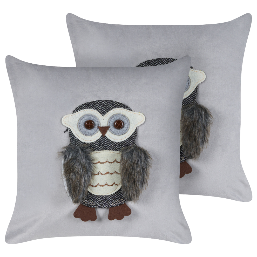 Set of 2 Velvet Kids Cushions Owl Motif 45 x 45 cm Grey OPHRYS