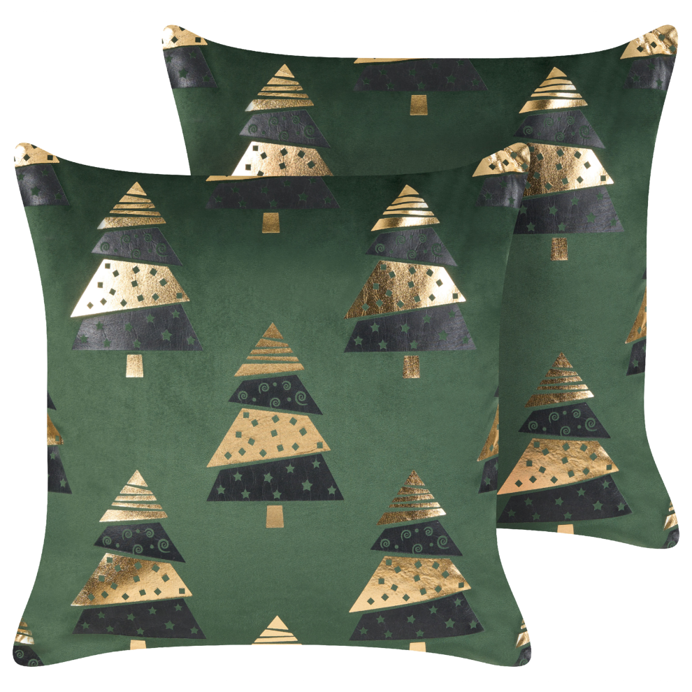 Set of 2 Decorative Cushions GOLDSPRUCE Velvet 45 x 45 cm Green Christmas Pattern