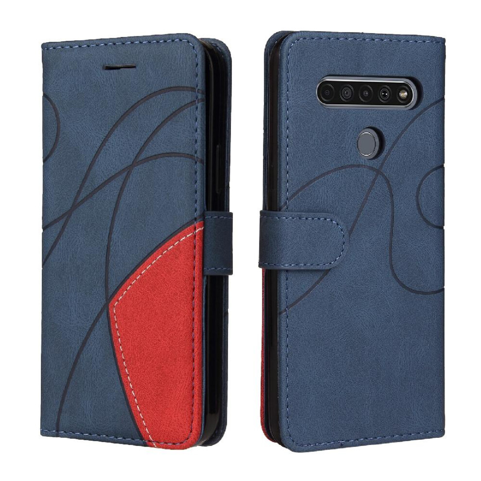 (Blue) Case For Lg K61 Kickstand Protective Two-Color Stitching Pu Leather Flip Folio Case With Card Slot Stand Blue 764762582876