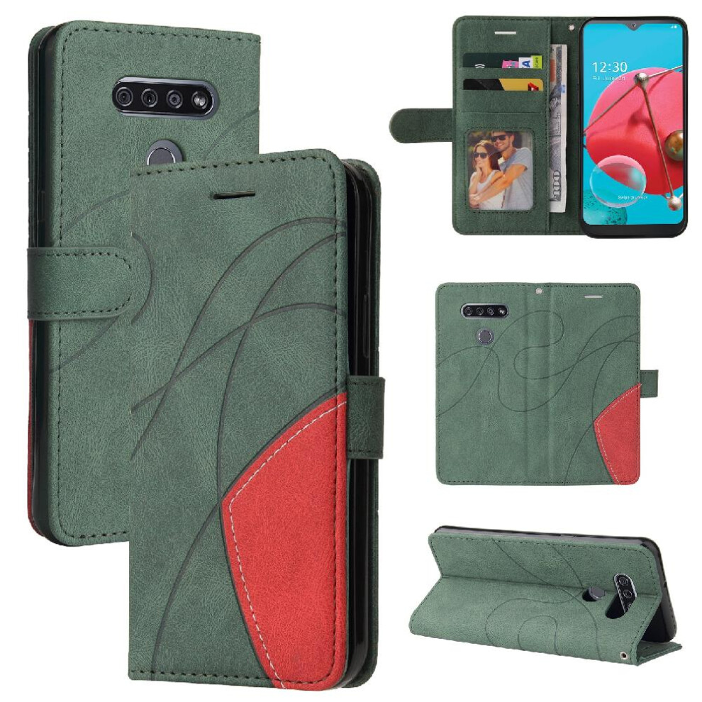 (Green) Case For Lg K51 Two-Color Stitching Pu Leather Flip Folio Case Kickstand Protective With Card Slot Stand Green 764762583323