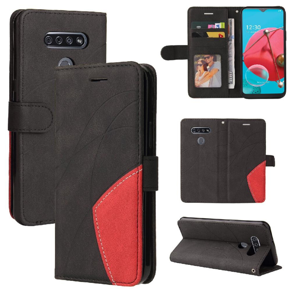 (Black) Case For Lg K51 Two-Color Stitching Pu Leather Flip Folio Case Kickstand Protective With Card Slot Stand Black 764762583330