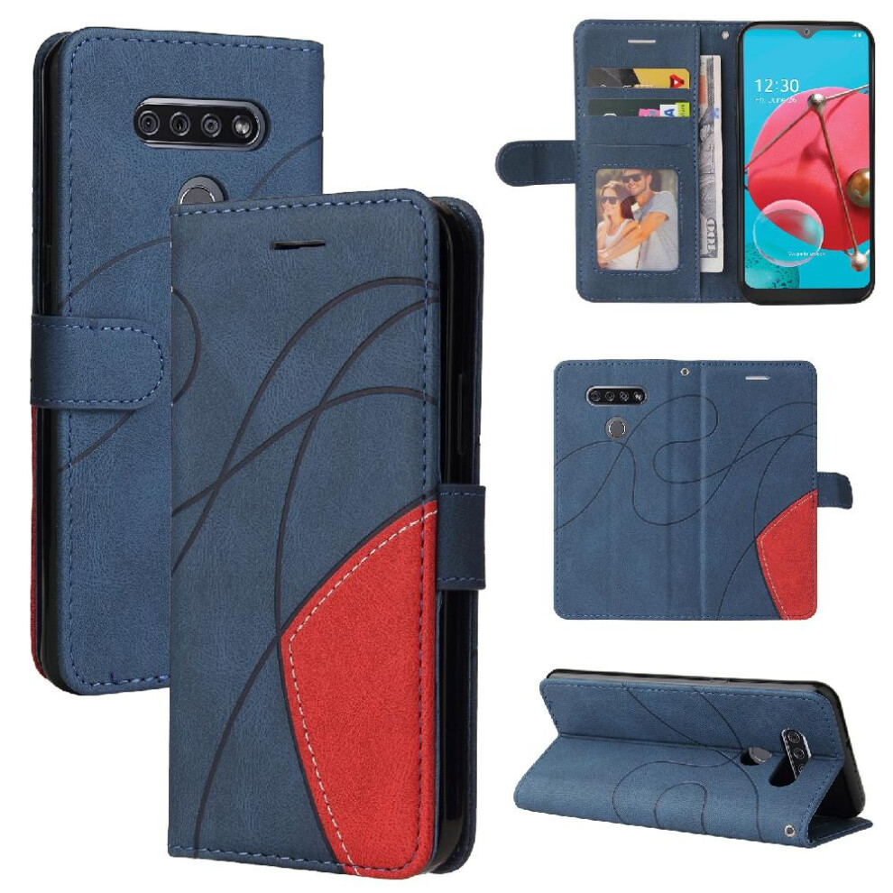 (Blue) Case For Lg K51 Two-Color Stitching Pu Leather Flip Folio Case Kickstand Protective With Card Slot Stand Blue 764762583354