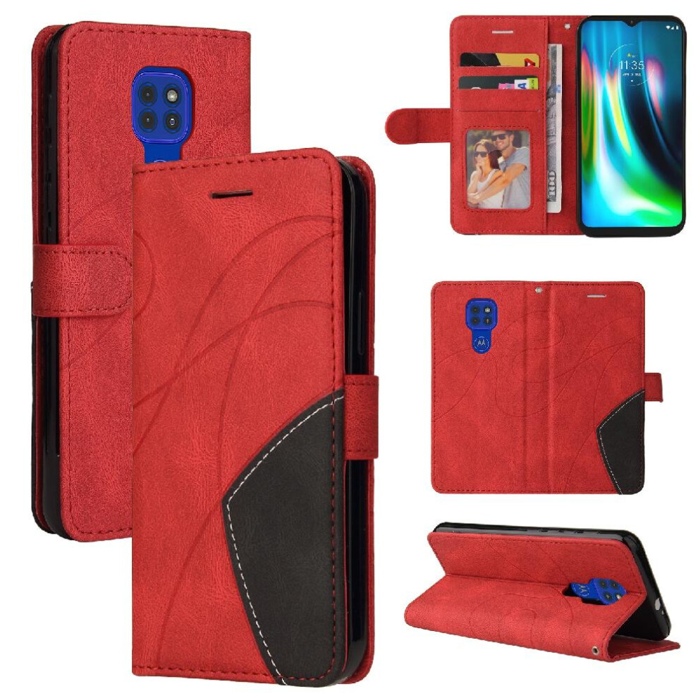 (Red) Case For Motorola Moto G9 Play Kickstand Protective Two-Color Stitching With Card Slot Stand Pu Leather Flip Folio Case Red 764762583507