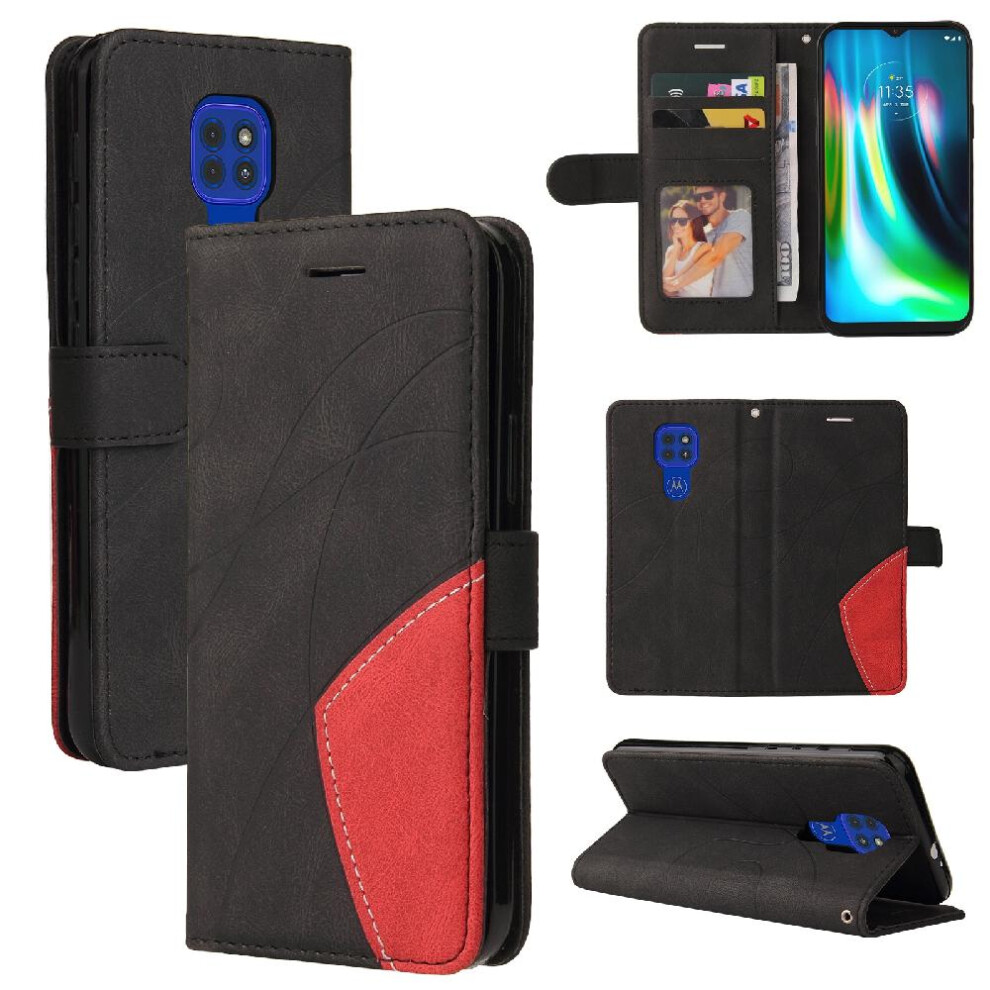 (Black) Case For Motorola Moto G9 Play Kickstand Protective Two-Color Stitching With Card Slot Stand Pu Leather Flip Folio Case Black 764762583491