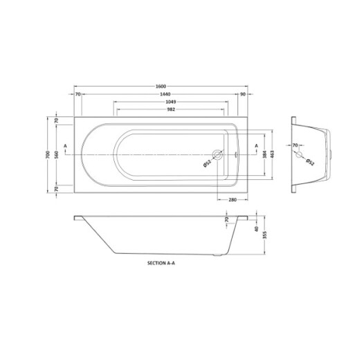 Voda 1600mm Single Ended Straight Bath 2