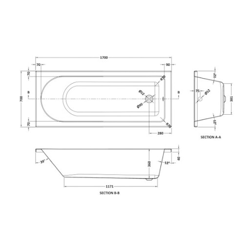 Voda 1700mm Single Ended Straight Bath 2