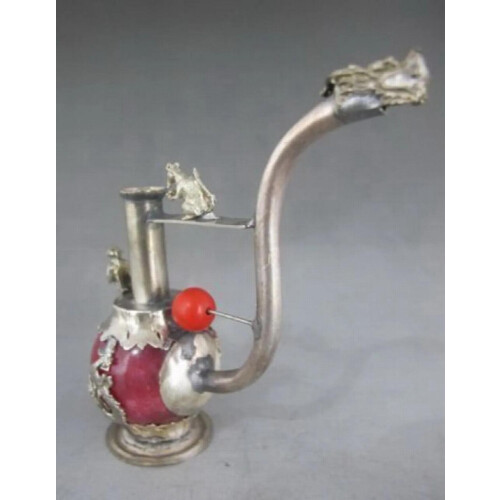 Chinese Old Antiques Red Jade Tibet Silver Pipe Leading 2