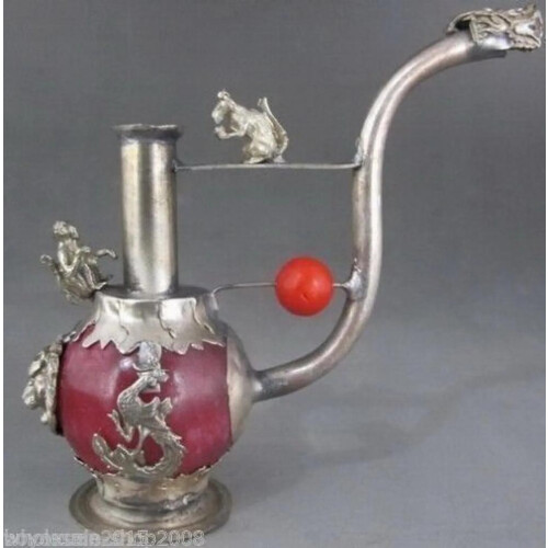 Chinese Old Antiques Red Jade Tibet Silver Pipe Leading 1