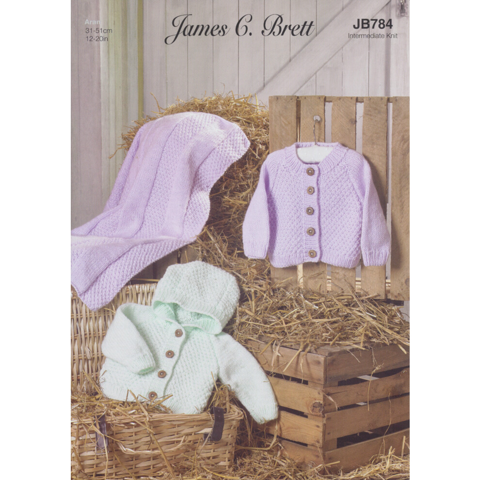 James Brett JB784 Aran Knitting Pattern Baby Cardigan & Blanket