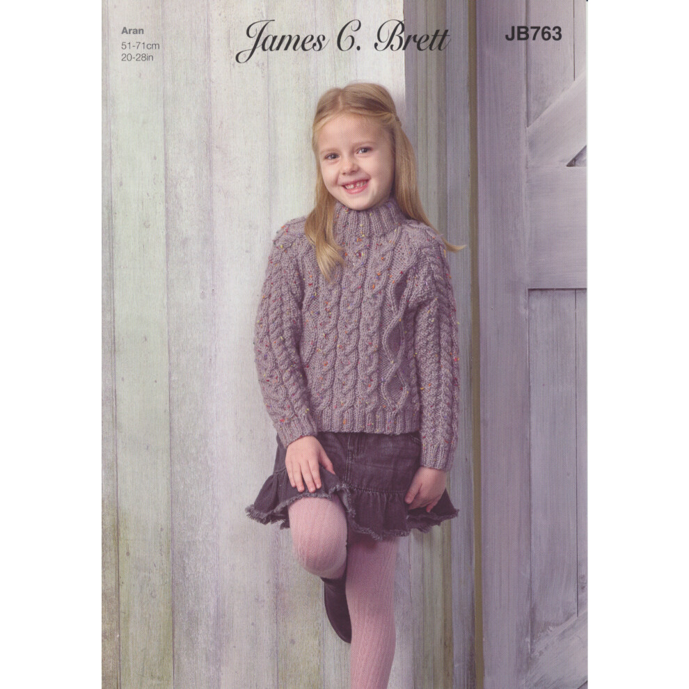 James Brett JB763 Aran Knitting Pattern Childrens Cable Knit Sweater