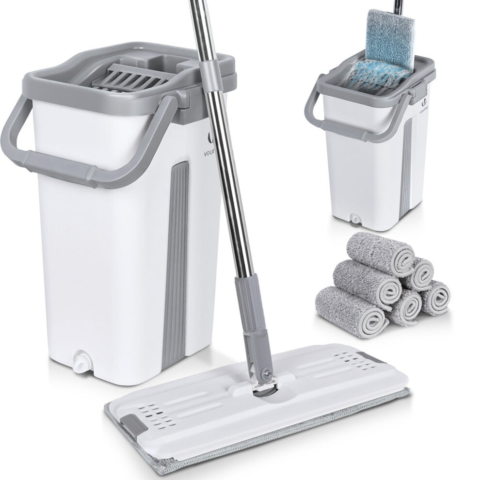 VOUNOT Flat Mop and Bucket set 2-in-1 Hands Free Squeeze with 6 Mop Pads, White