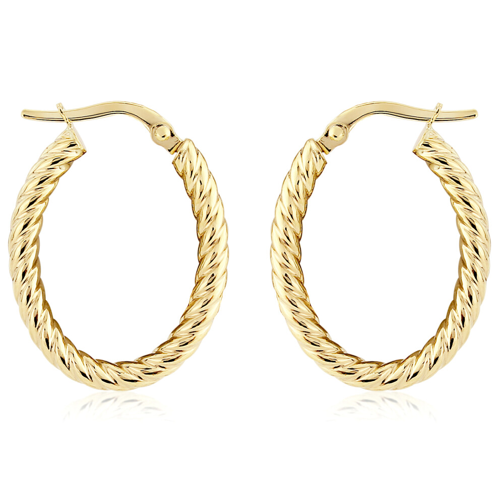 Jewelco London Ladies 9ct Yellow Gold Oval Twist Rope Hoop Earrings - 15x20mm - ERNR02846