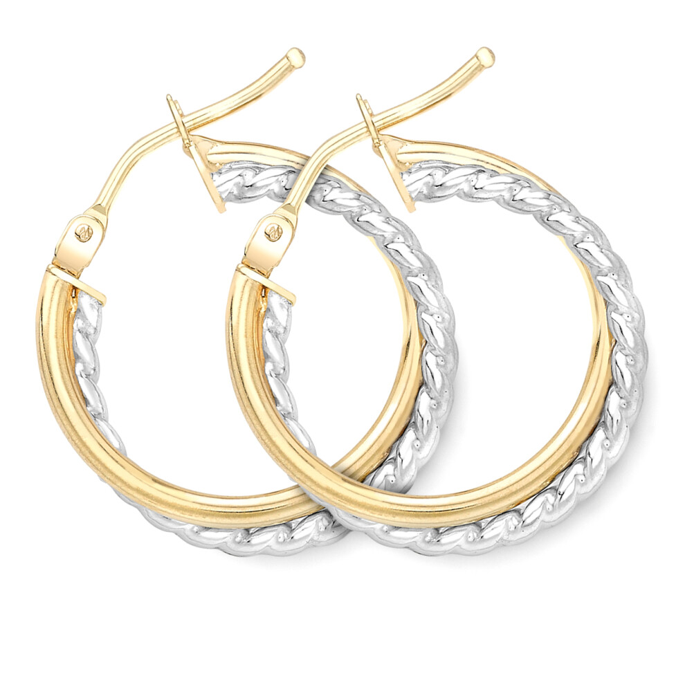 Jewelco London 9ct 2-Colour Gold Crossover Bead Twist Hoop Earrings - ERNR02946