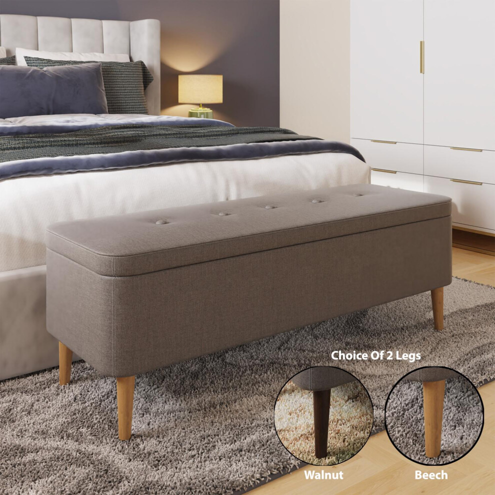 Grey Linen Ottoman Storage Bench Solid Wooden Legs